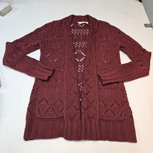 Lucky Brand Knit Open Cardigan Sweater Maroon womens Medium Long sleeve
